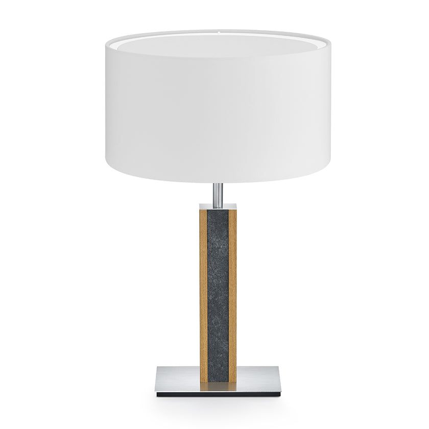 Hockerleuchte aus Asteiche geölt und Granit, Modell Karl G, Schirm weiß, Nickel matt gebürstet, Frontalansicht 