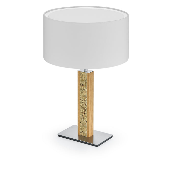 Hockerleuchte aus Asteiche geölt und Almwiesenheuapplikation, Modell Karl H, Nickel Applikationen, weißer Schirm, Seitenansicht 