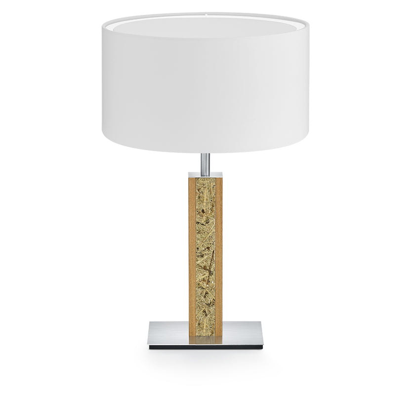 Hockerleuchte aus Asteiche geölt und Almwiesenheuapplikation, Modell Karl H, Nickel Applikationen, weißer Schirm, Frontalansicht 