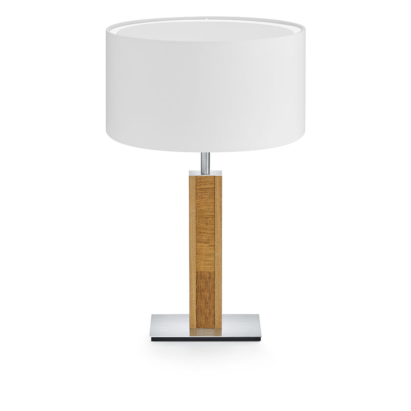 Hockerleuchte aus Asteiche geölt und Kopfholz, Modell Karl K, Nickel Applikationen, weißer Schirm, Frontalansicht 