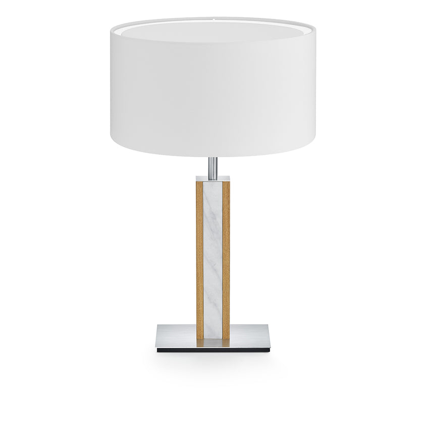 Hockerleuchte aus Asteiche geölt, Modell Karl M, Mamor Details, weißer runder Schirm, Frontalansicht