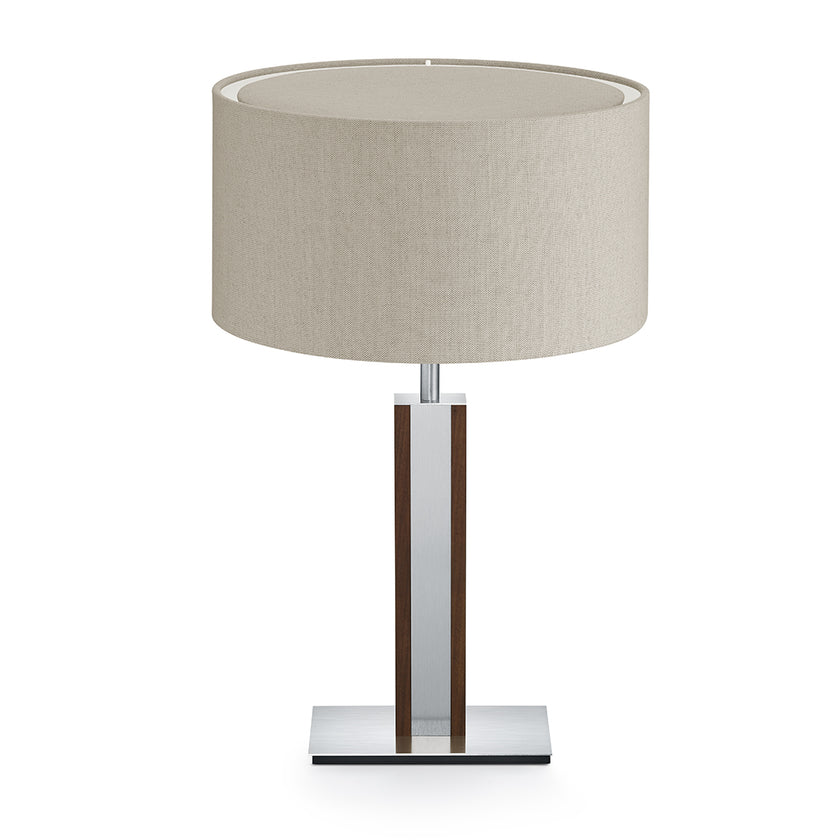 Hockerleuchte aus Nussbaum geölt, Modell Karl N, Details Nickel matt gebürstet, Leinenoptik runder Schirm, Frontalansicht 