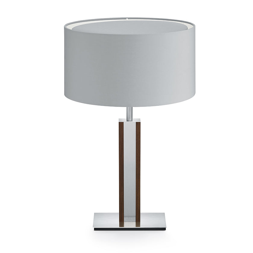 Hockerleuchte aus Nussbaum geölt, Modell Karl N, Details Nickel matt gebürstet, silberner runder Schirm, Frontalansicht