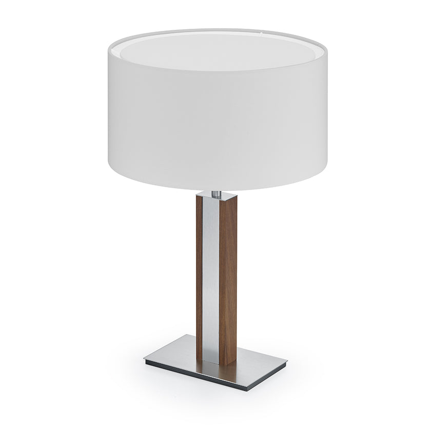 Hockerleuchte aus Nussbaum geölt, Modell Karl N, Details Nickel matt gebürstet, weißer runder Schirm, Seitenansicht 