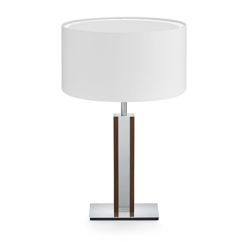 Hockerleuchte aus Nussbaum geölt, Modell Karl N, Details Nickel matt gebürstet, weißer runder Schirm, Frontalansicht 