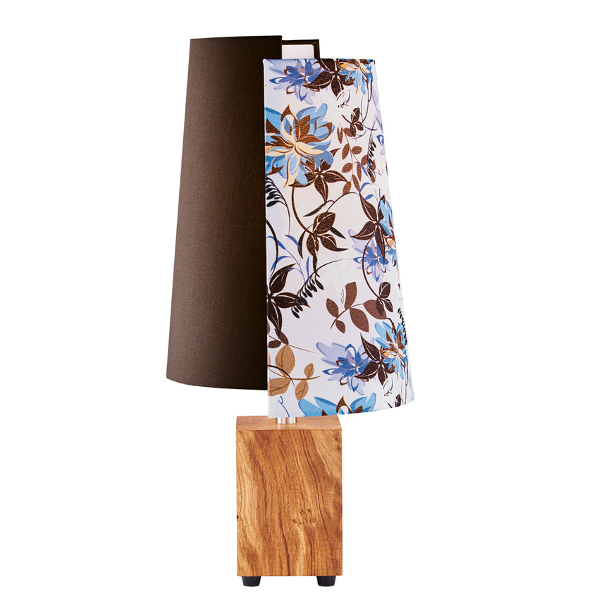 Hockerleuchte aus Asteiche geölt, Modell JoJo, Doppelschirm braun und Blumen, Nickel Applikationen, Frontalansicht