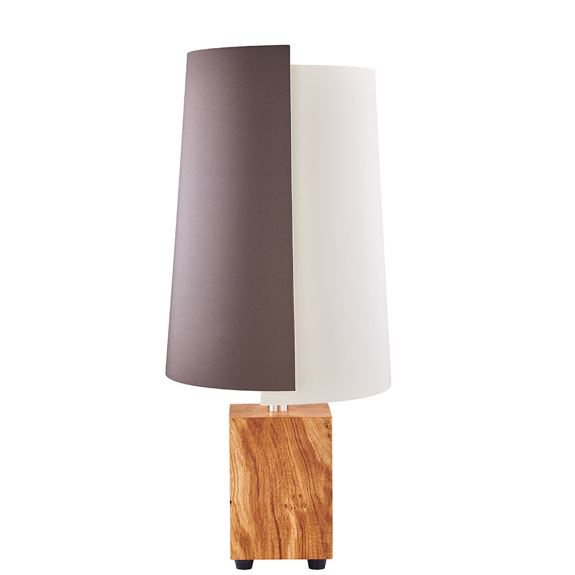 Hockerleuchte aus Asteiche geölt, Modell JoJo, Doppelschirm braun und creme, Nickel Applikationen, Frontalansicht