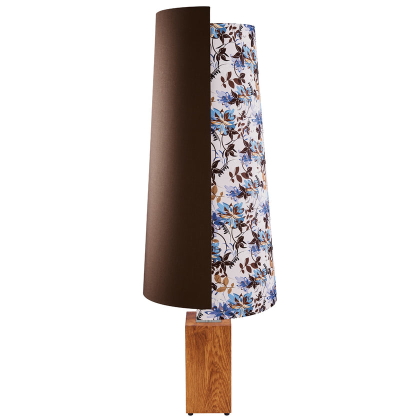 Stehleuchte aus Asteiche geölt, Modell JoJo, Doppelschirm braun und Blumen, Nickel Applikationen, Frontalansicht