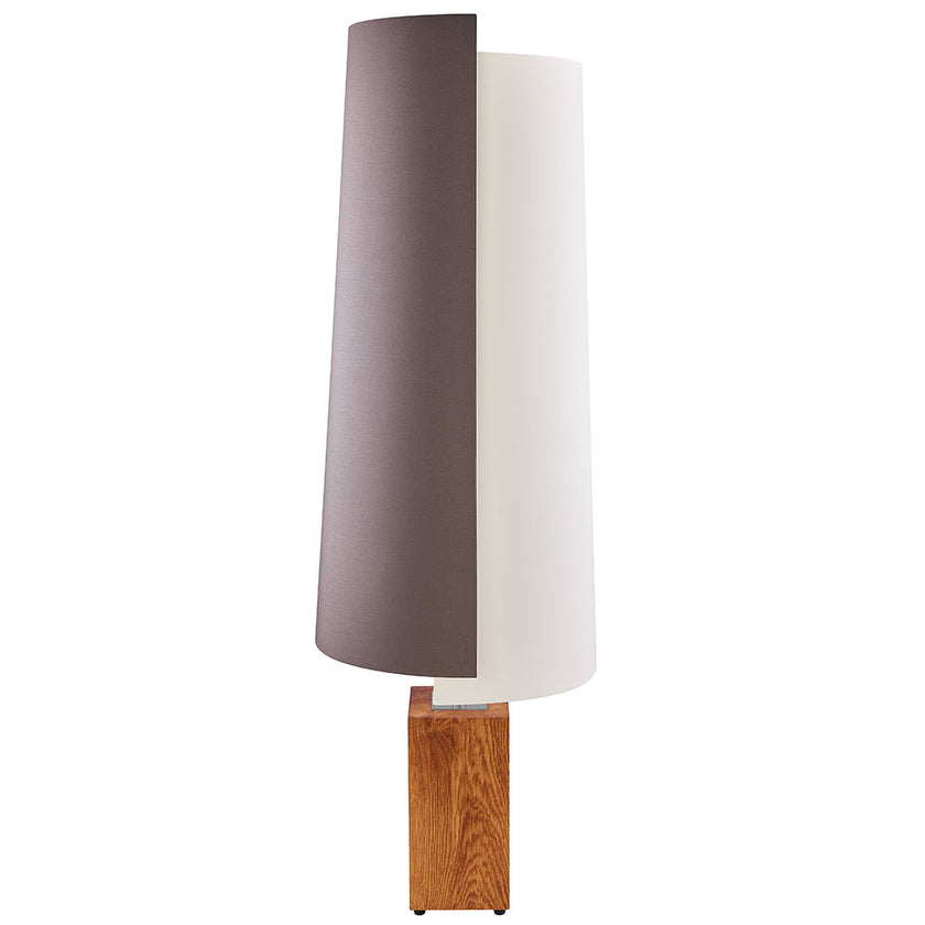 Stehleuchte aus Asteiche geölt, Modell JoJo, Doppelschirm braun und creme, Nickel Applikationen, Frontalansicht