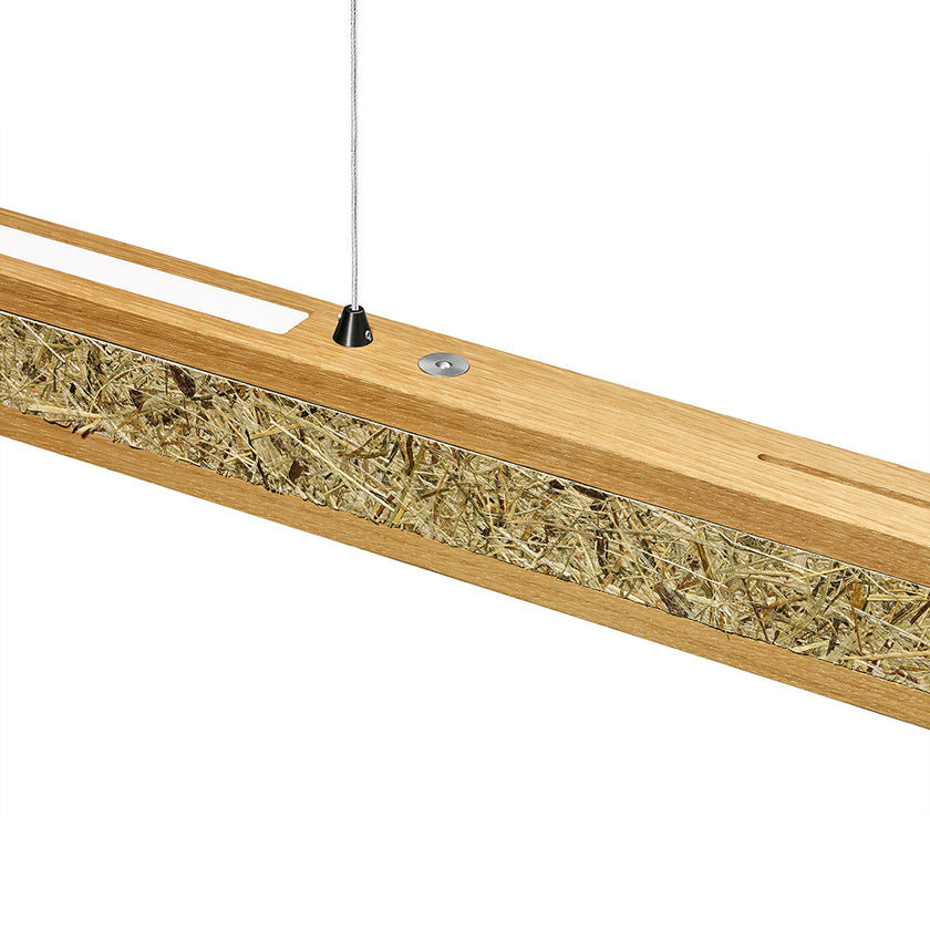 Balkenleuchte aus Asteiche geölt und Almwiesenheuapplikation, Modell Karl H, 1000mm, schwarze Details, Rollizug, Dimm-to-warm-Funktion, Detailansicht 