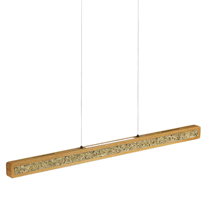 Balkenleuchte aus Asteiche geölt und Almwiesenheuapplikation, Modell Karl H, 1000mm, schwarze Details, Rollizug, Dimm-to-warm-Funktion, Ansicht schräg 