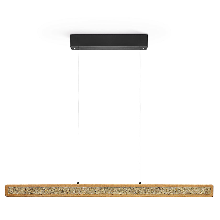 Balkenleuchte aus Asteiche geölt und Almwiesenheuapplikation, Modell Karl H, 1000mm, schwarzer Baldachin, Rollizug, Dimm-to-warm-Funktion, Frontalansicht 