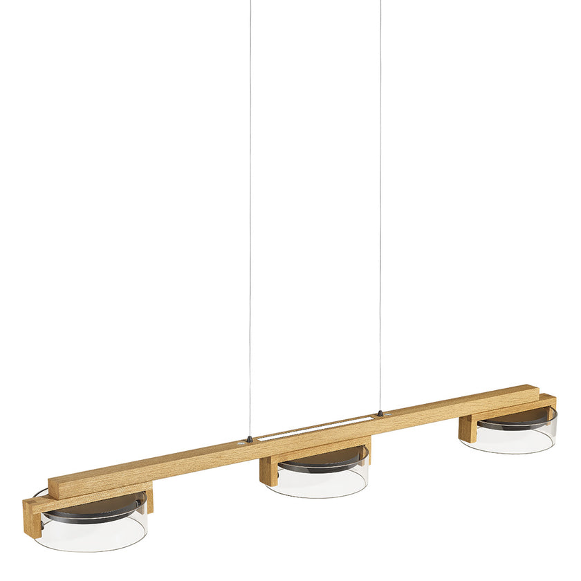 Balkenleuchte Modell Talon, Asteiche geölt, Rollizug (höhenverstellbar), 3 mal Rauchglas, schwarzer Baldachin, Oberlicht dimmbar, Metall-Applikationen schwarz gepulvert, Seitliche Ansicht