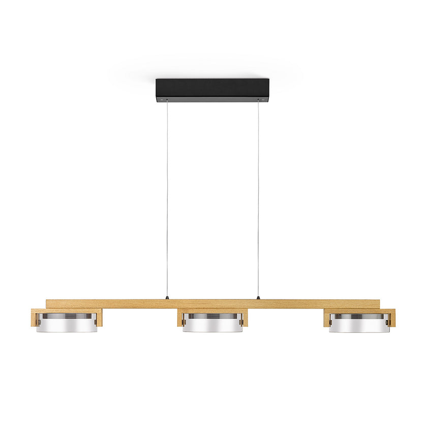 Balkenleuchte Modell Talon, Asteiche geölt, Rollizug (höhenverstellbar), 3 mal Rauchglas, schwarzer Baldachin, Oberlicht dimmbar, Metall-Applikationen schwarz gepulvert, Frontalansicht