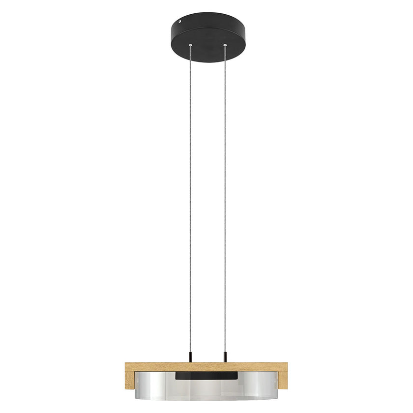 Pendelleuchte Modell Talon, Asteiche geölt, schwarzer Baldachin, Rauchglas, höheneinstellbar, Frontalansicht 