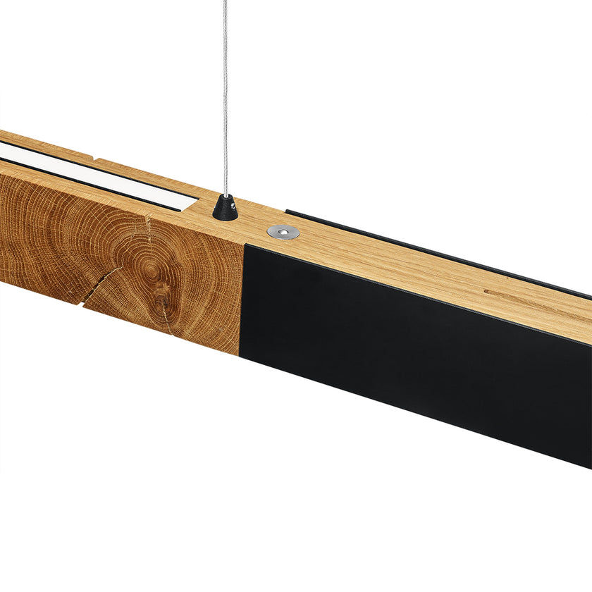 Balkenleuchte aus Asteiche geölt, Modell Lana del nero, 1300mm, Kopfholz, schwarze Applikationen, Dimm to warm per Tastdimmung, Detailansicht 