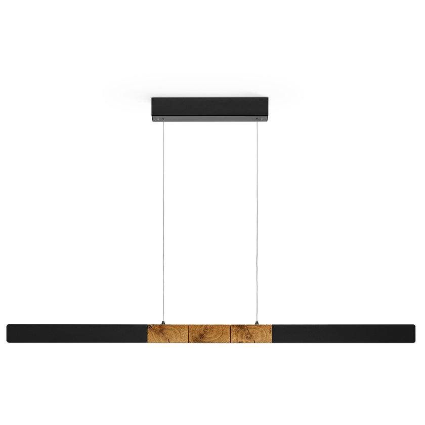 Balkenleuchte aus Asteiche geölt, Modell Lana del nero, 1300mm, Kopfholz, schwarze Applikationen, Baldachin schwarz, Dimm to warm per Tastdimmung, Frontalansicht 