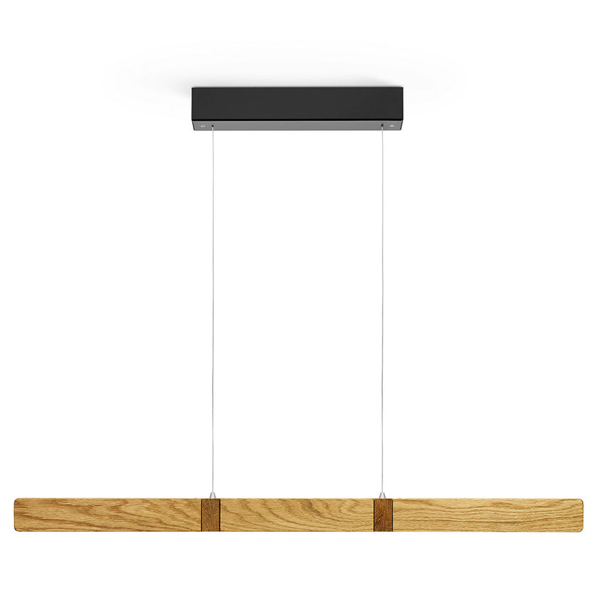 Balkenleuchte aus Asteiche geölt, Modell Marley, schwarzer Baldachin, 1000mm, Kopfholzapplikationen, Metall Nickel matt gebürstet, Up & Down Licht, dimmbar, Rollizug (höhenverstellbar), Frontalansicht