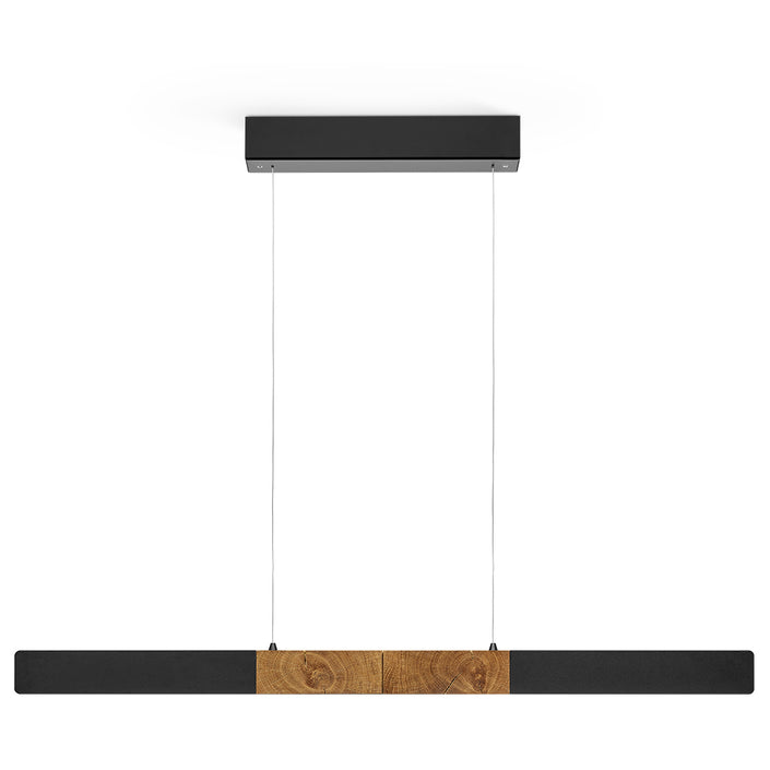 Balkenleuchte aus Asteiche geölt, Modell Lana del nero, 1000mm, Kopfholz, schwarze Applikationen, Baldachin schwarz, Dimm to warm per Tastdimmung, Frontalansicht