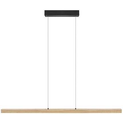 Balkenleuchte aus Asteiche Natur, Modell Hermann, Rollizug, Baldachin schwarz, LED Up & Down, 1300mm lang, Frontalansicht