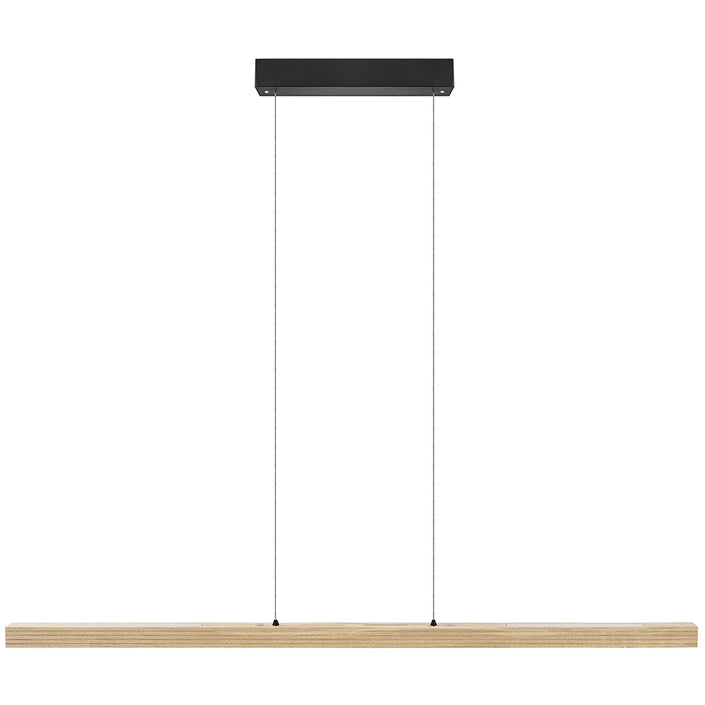 Balkenleuchte aus Asteiche Natur, Modell Hermann, Rollizug, Baldachin schwarz, LED Up & Down, 1300mm lang, Frontalansicht
