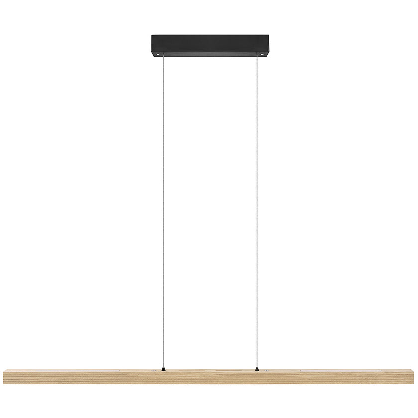 Balkenleuchte aus Asteiche Natur, Modell Hermann, Rollizug, Baldachin schwarz, LED Up & Down, 1300mm lang, Frontalansicht