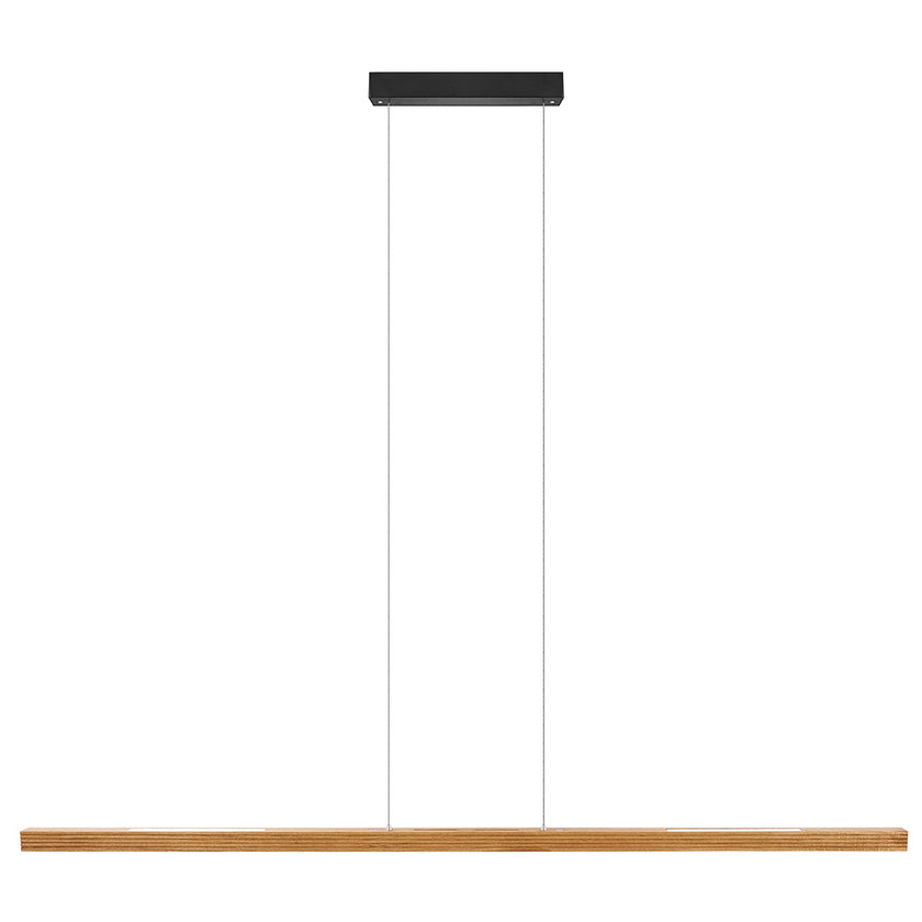 Balkenleuchte aus Asteiche geölt, Modell Hermann, Rollizug, Baldachin schwarz, LED Up & Down, 1700mm lang, Frontalansicht