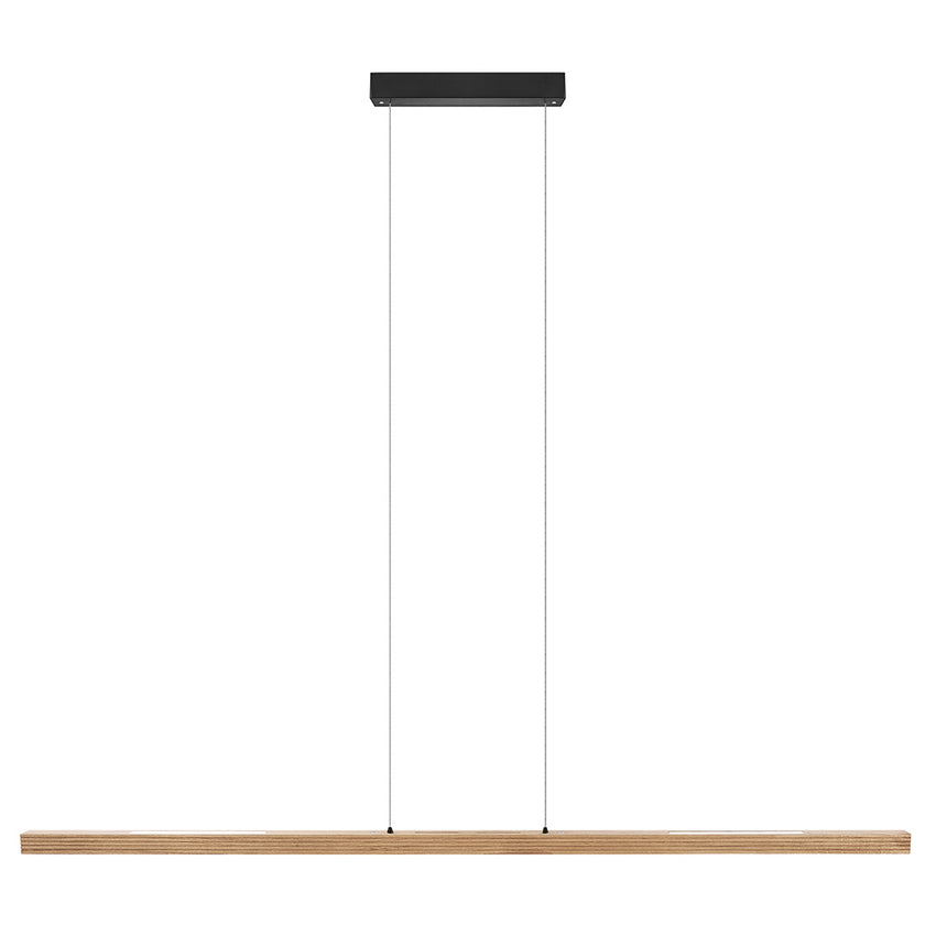 Balkenleuchte aus Asteiche Natur, Modell Hermann, Rollizug, Baldachin schwarz, LED Up & Down, 1700mm lang, Frontalansicht