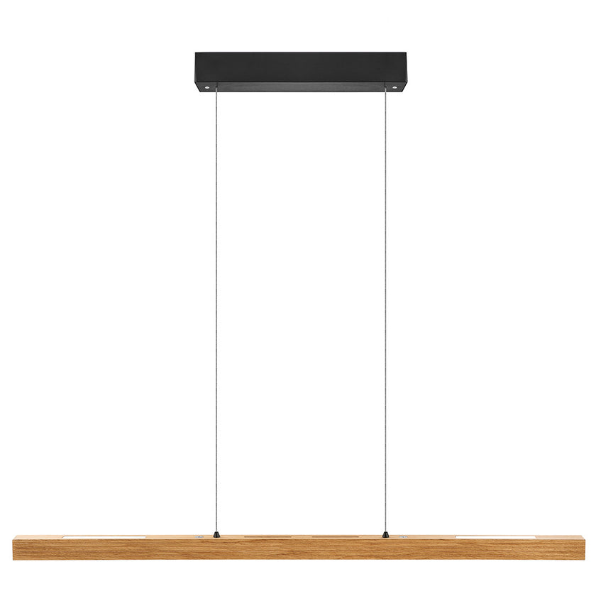 Balkenleuchte aus Asteiche geölt, Modell Hermann, Rollizug, Baldachin schwarz, LED Up & Down, 1000mm lang, Frontalansicht