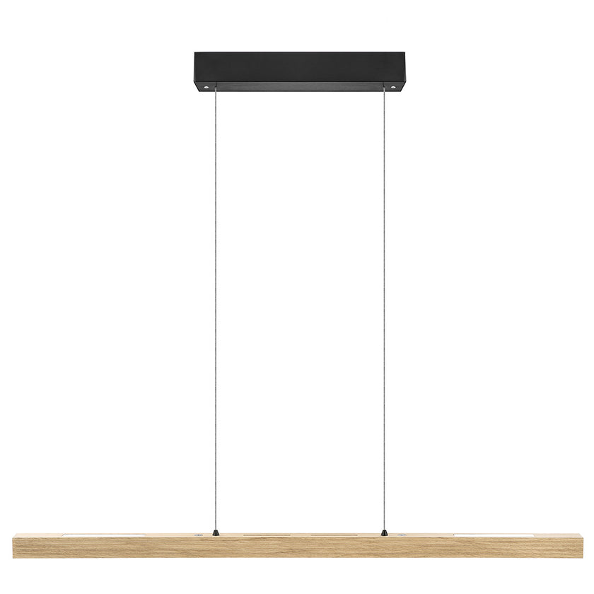 Balkenleuchte aus Asteiche Natur, Modell Hermann, Rollizug, Baldachin schwarz, LED Up & Down, 1000mm lang, Frontalansicht