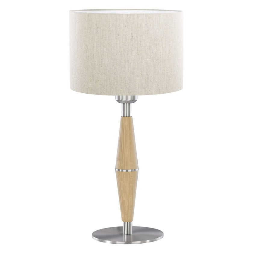 Tischleuchte aus Asteiche natur, Modell Conico neu, Lampenschirm in Leinenoptik, Fuß Nickel gebürstet