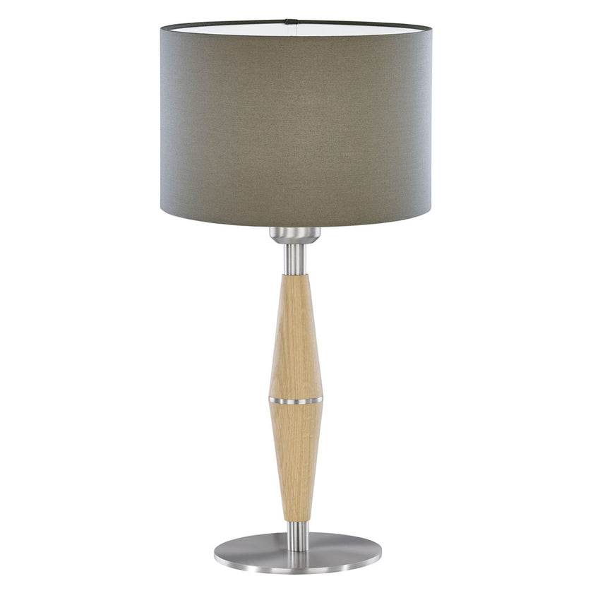 Tischleuchte aus Asteiche natur, Modell Conico neu, Lampenschirm taupe, Fuß Nickel gebürstet