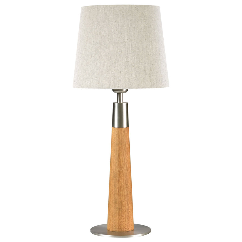 Hockerleuchte aus Asteiche geölt, Modell Conico, Lampenschirm in Leinenoptik, Fuß Nickel gebürstet
