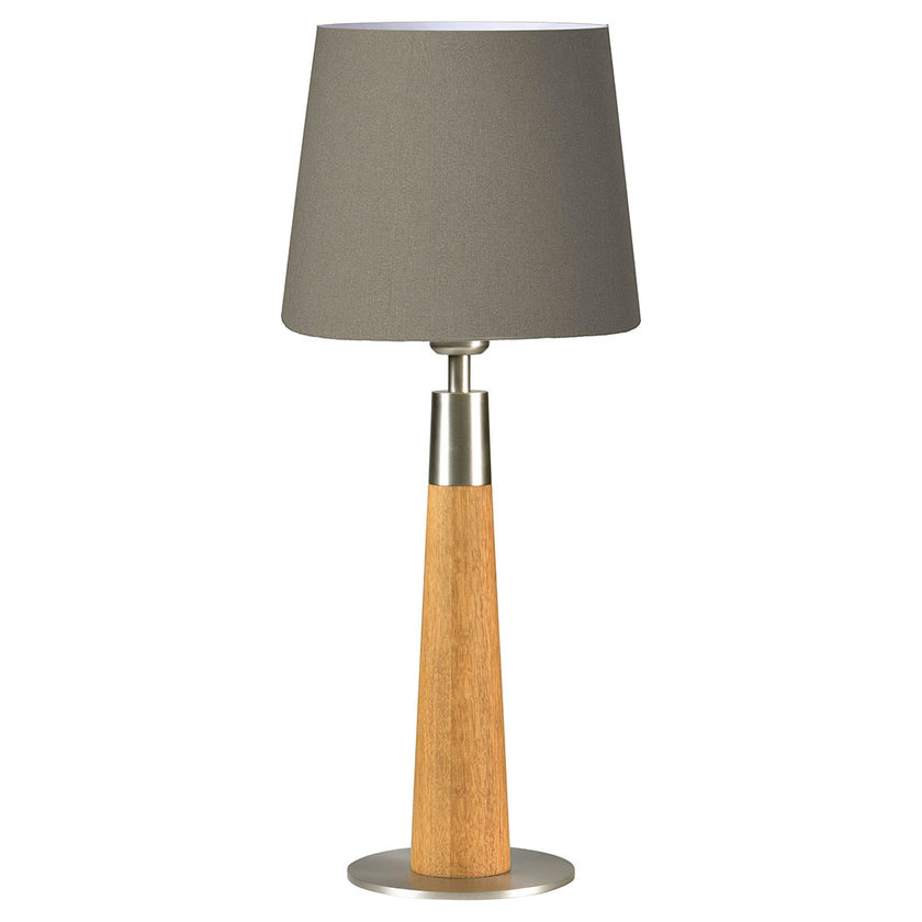 Hockerleuchte aus Asteiche geölt, Modell Conico, Lampenschirm taupe, Fuß Nickel gebürstet