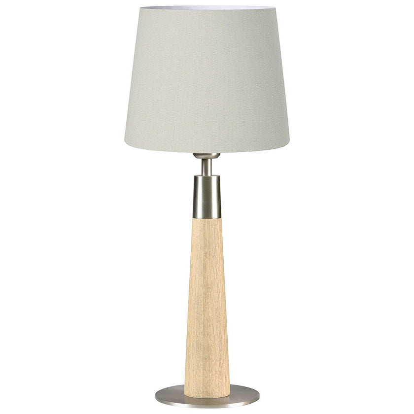 Hockerleuchte aus Asteiche natur, Modell Conico, Lampenschirm silbergrau, Fuß Nickel gebürstet