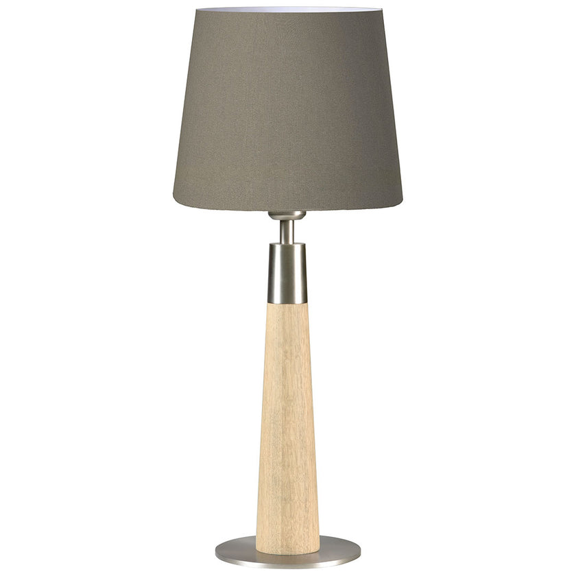 Hockerleuchte aus Asteiche natur, Modell Conico, Lampenschirm taupe, Fuß Nickel gebürstet