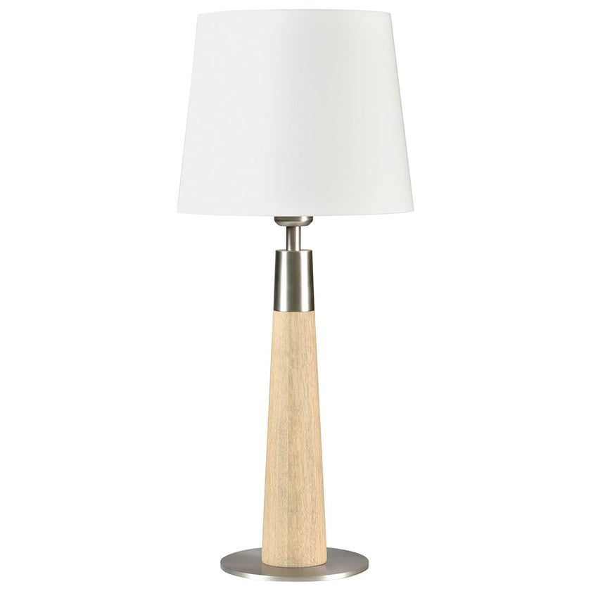 Hockerleuchte aus Asteiche natur, Modell Conico, Lampenschirm weiß, Fuß Nickel gebürstet