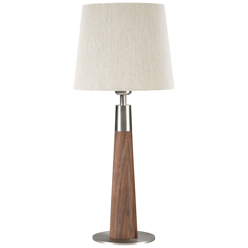 Hockerleuchte aus Nussbaum geölt, Modell Conico, Lampenschirm in Leinenoptik, Fuß Nickel gebürstet