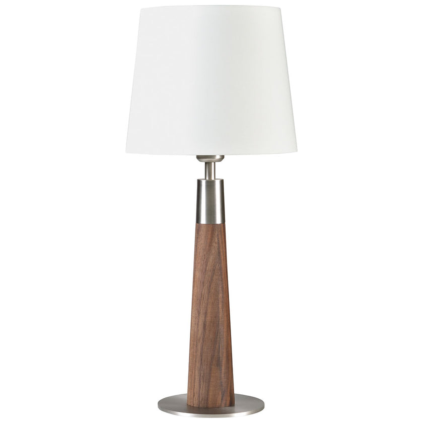 Hockerleuchte aus Nussbaum geölt, Modell Conico, Lampenschirm weiß, Fuß Nickel gebürstet