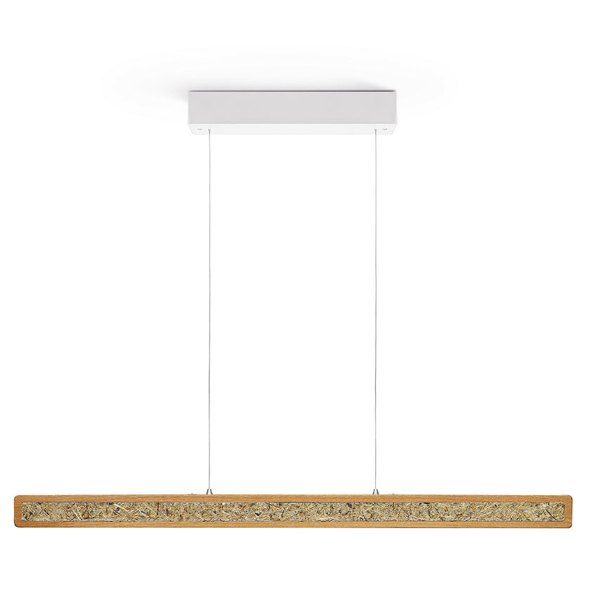 Balkenleuchte aus Asteiche geölt und Almwiesenheuapplikation, Modell Karl H, 1000mm, weißer Baldachin, Rollizug, Dimm-to-warm-Funktion, Frontalansicht 