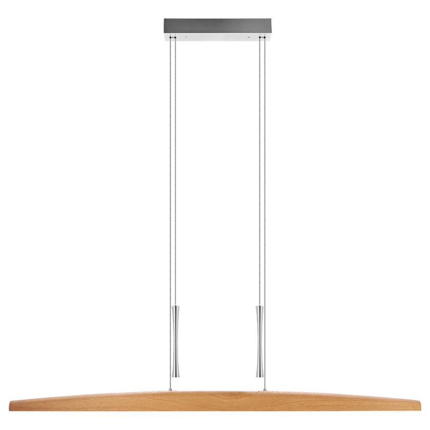 Balkenleuchte aus Asteiche geölt, Modell Arco, mit Gegengewichten aus Nickel gebürstet, Ansicht frontal, 1300mm