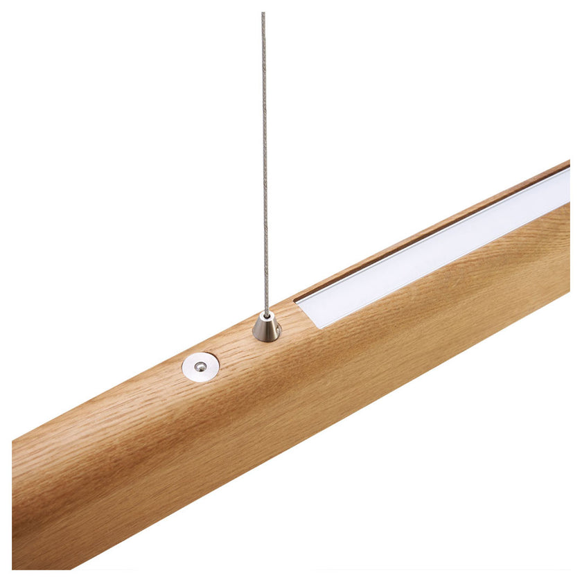 Balkenleuchte aus Asteiche geölt, Modell Arco, mit Gegengewichten aus Nickel gebürstet, Detailansicht Tastdimmer und Oberlicht