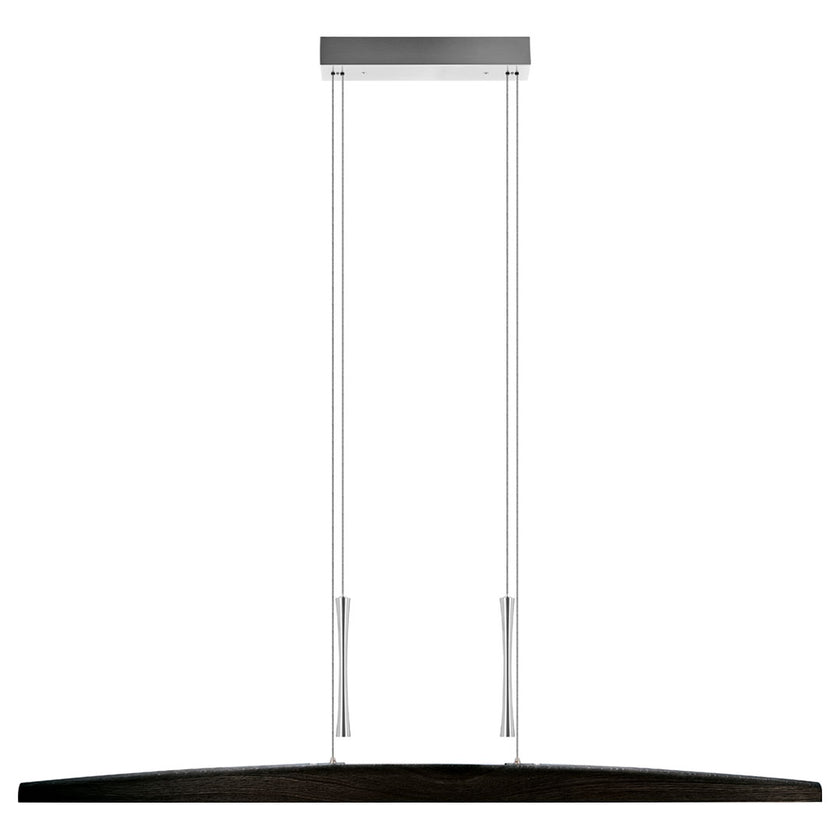 Balkenleuchte aus Nussbaum geölt, Modell Arco, mit Gegengewichten aus Nickel gebürstet, Ansicht frontal, 1300mm