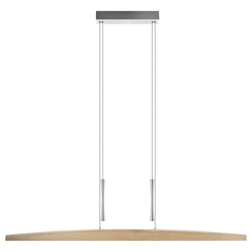 Balkenleuchte aus Asteiche natur, Modell Arco, mit Gegengewichten aus Nickel gebürstet, Ansicht frontal, 1300mm