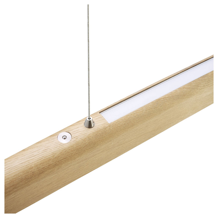 Balkenleuchte aus Asteiche natur, Modell Arco, mit Gegengewichten aus Nickel gebürstet, Detailansicht Tastdimmer und Oberlicht