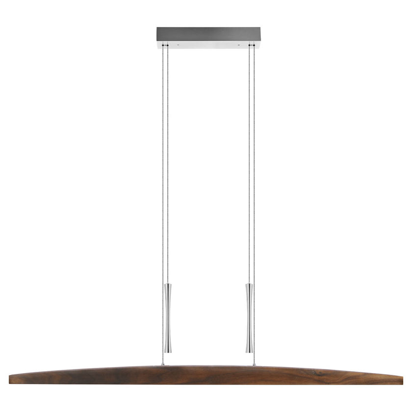 Balkenleuchte aus Nussbaum geölt, Modell Arco, mit Gegengewichten aus Nickel gebürstet, Ansicht frontal, 1300mm