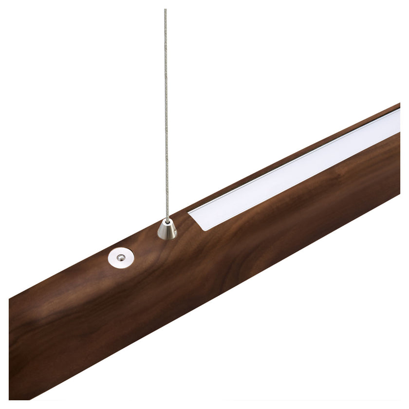 Balkenleuchte aus Nussbaum geölt, Modell Arco, mit Gegengewicht, Metall Nickel gebürstet, Detailansicht Tastdimmer und Oberlicht