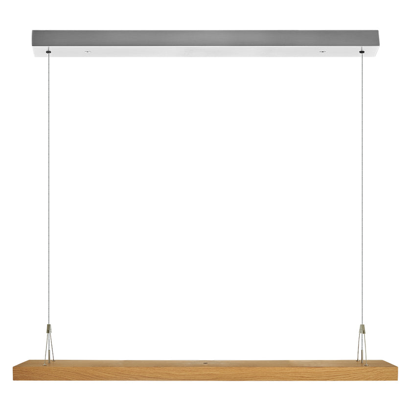 Balkenleuchte aus Asteiche geölt, Modell Friso, LED, 1245mm x 950mm bis 1600mm, Nickel Baldachin, Frontalansicht