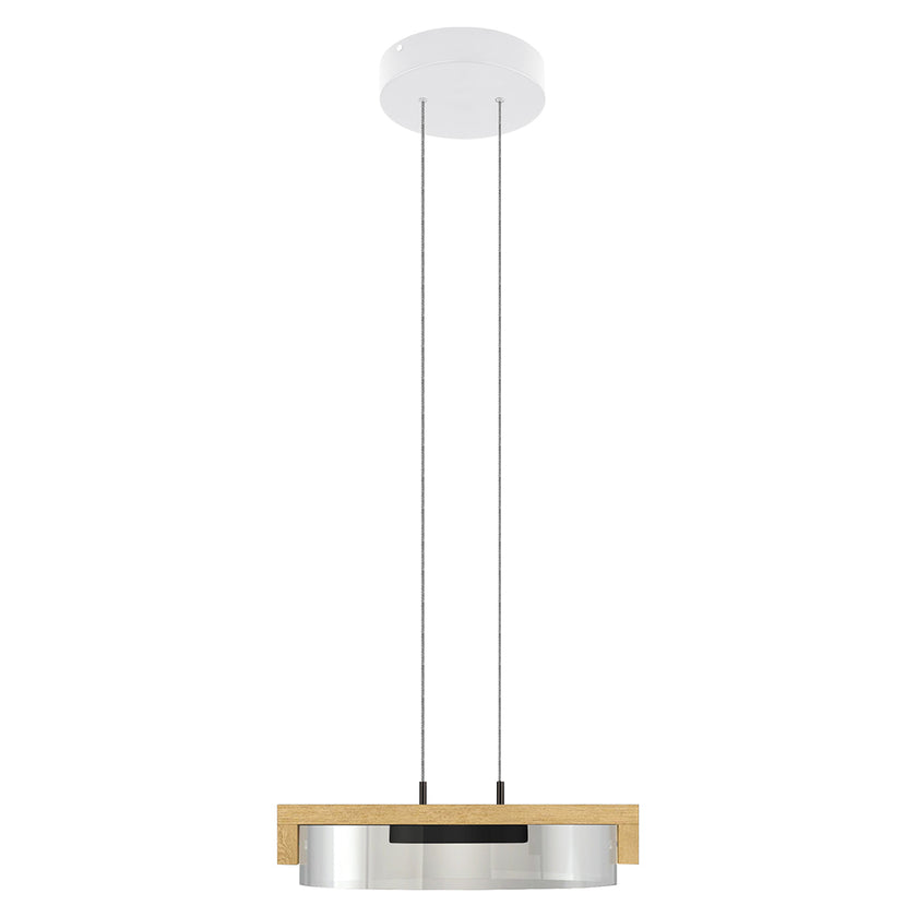 Pendelleuchte Modell Talon, Asteiche geölt, weißer Baldachin, Rauchglas, höheneinstellbar, Frontalansicht