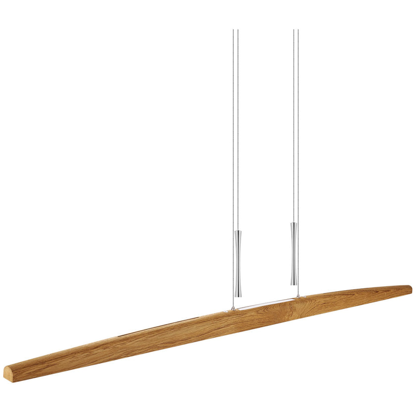 Balkenleuchte aus Asteiche geölt, Modell Arco, mit Gegengewichten aus Nickel gebürstet, Ansicht seitlich, 1700mm